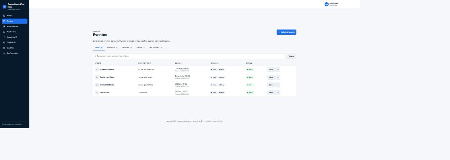 Tela de Eventos da Plataforma Social, com a lista de eventos recorrentes de uma instituição